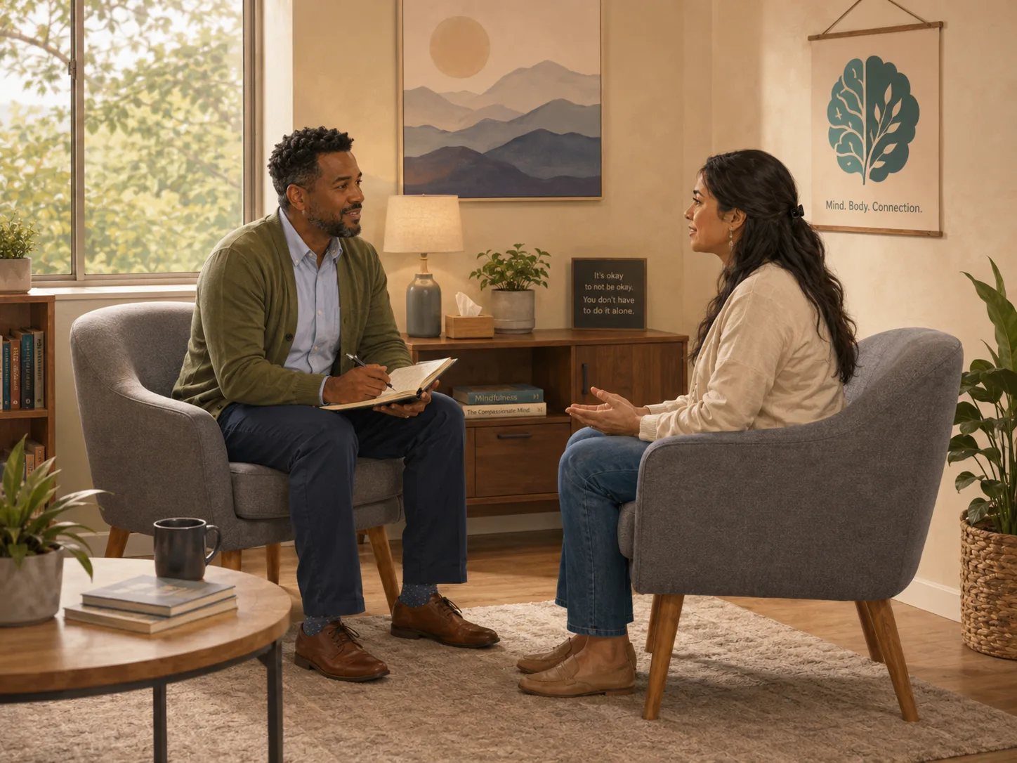 Counsellor talking with a patient in a calm consultation room