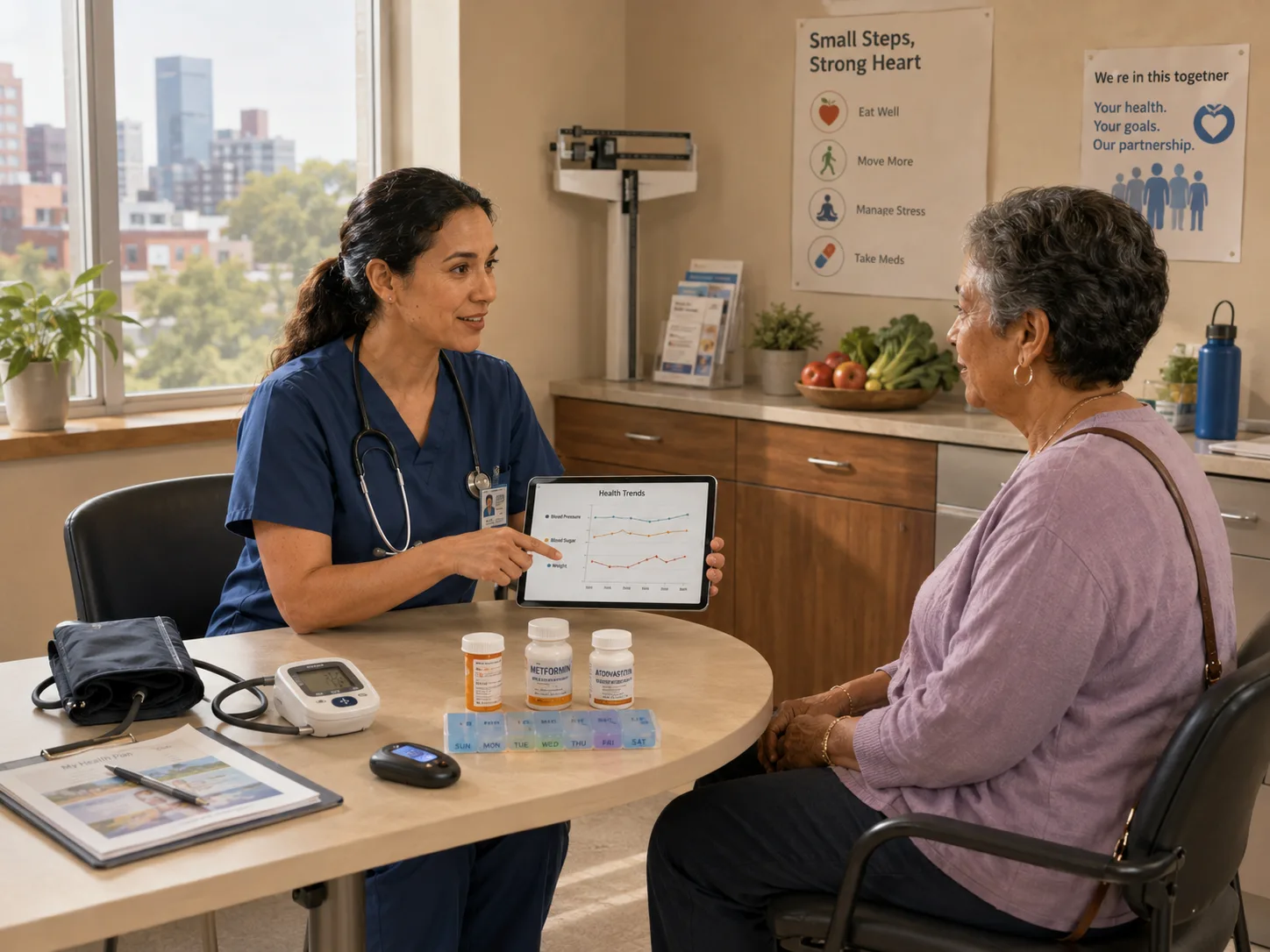 Nurse measuring a patient’s blood pressure during a chronic-care review