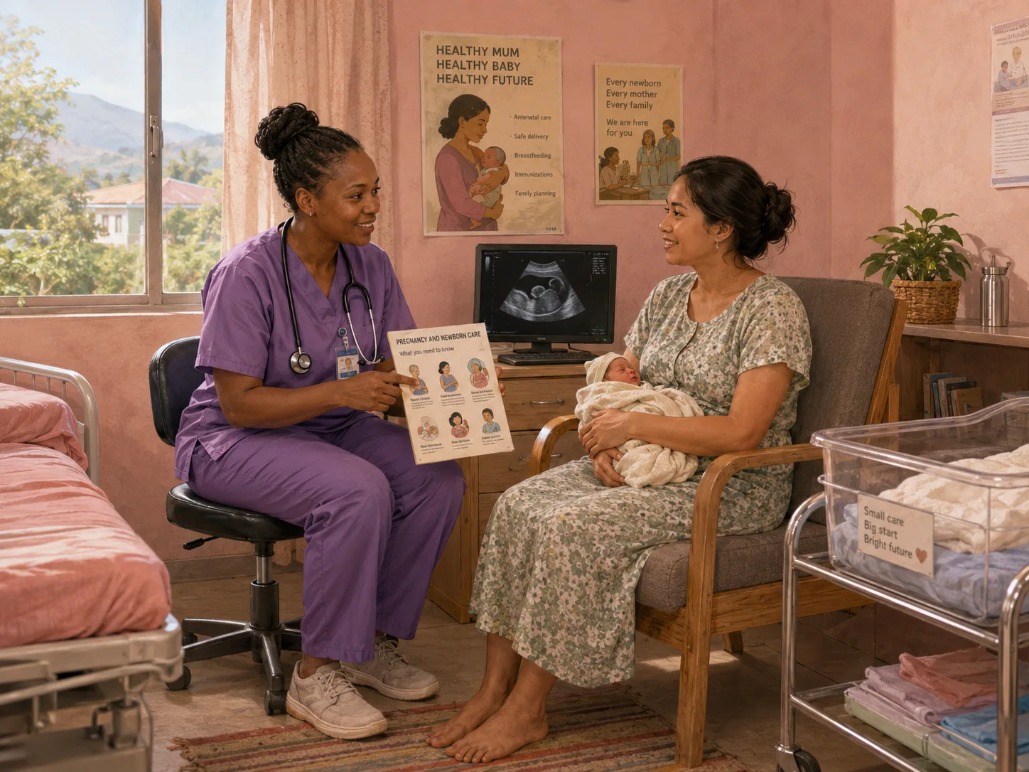 Midwife reviewing antenatal observations with an expectant mother in a clinic