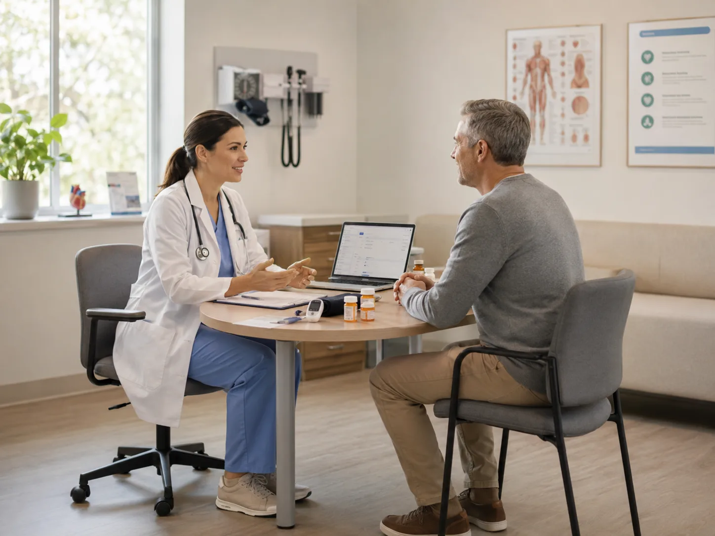 Clinician and patient in a primary-care consultation at a desk